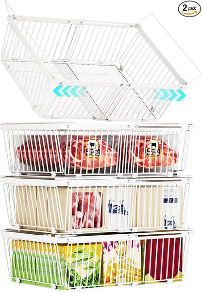 ANJUBAN Large Freezer Organizer Bins，Upgraded Bottom Leak-Proof net，2 Pack， Expandable Stackable Chest Freezer Containers with Handle，for Fridge, Deep Freezer, Cabinet, Kitchen, Pantry (White-4Pack)