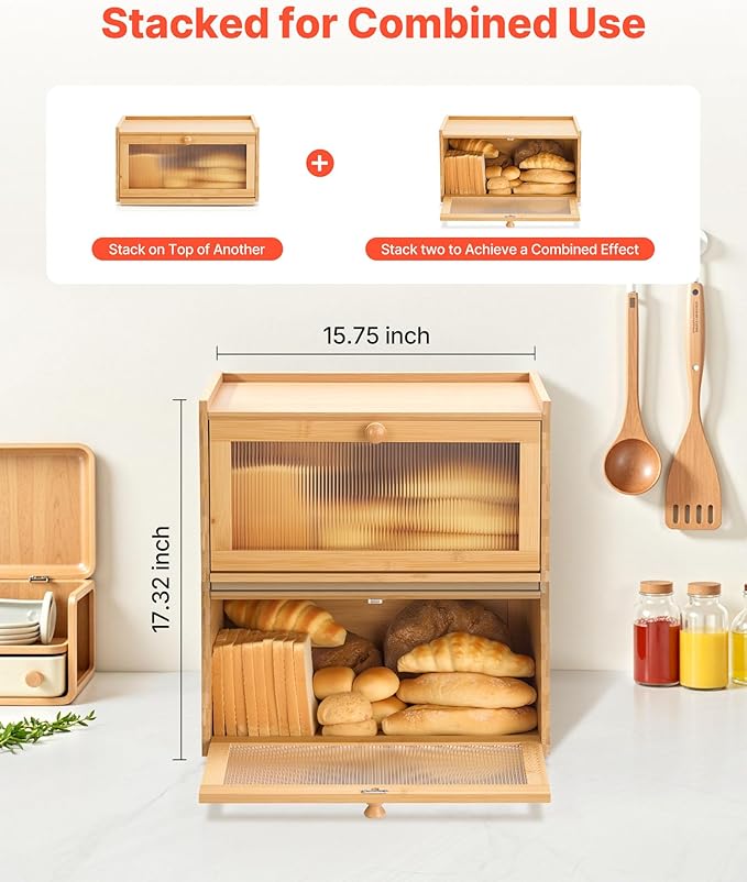 VEVOR Bread Box for Kitchen Counter, Large Capacity Bamboo Bread Storage Container, Farmhouse Wooden Breadbox Organizer for Homemade Bread, Storage Holder Bin with Acrylic Wavy Door Panel, Natural