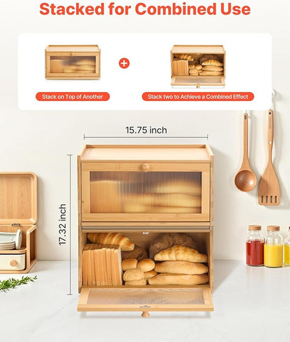 VEVOR Bread Box for Kitchen Counter, Large Capacity Bamboo Bread Storage Container, Farmhouse Wooden Breadbox Organizer for Homemade Bread, Storage Holder Bin with Acrylic Wavy Door Panel, Natural