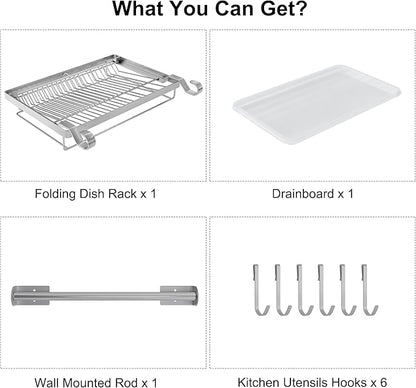 TQVAI Over Sink Dish Drainer Drying Rack, Stainless Steel Foldable Wall Mounted Dish Racks with Drainboard Hanging Rod and Sponge Holder, Silver