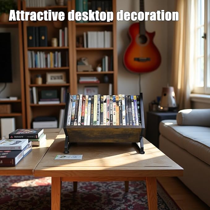 DVD & CD Storage Rack, Blu ray Storage Shelve Holds Up To 28 DVD Cases, Wooden Media Holder also Used for CDs, Video Game, Vhs Taps Storage, Retro Style Desktop organizer