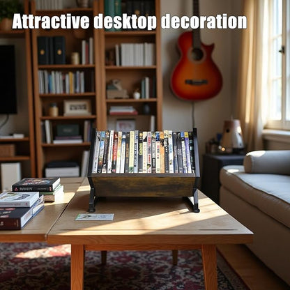 DVD & CD Storage Rack, Blu ray Storage Shelve Holds Up To 28 DVD Cases, Wooden Media Holder also Used for CDs, Video Game, Vhs Taps Storage, Retro Style Desktop organizer