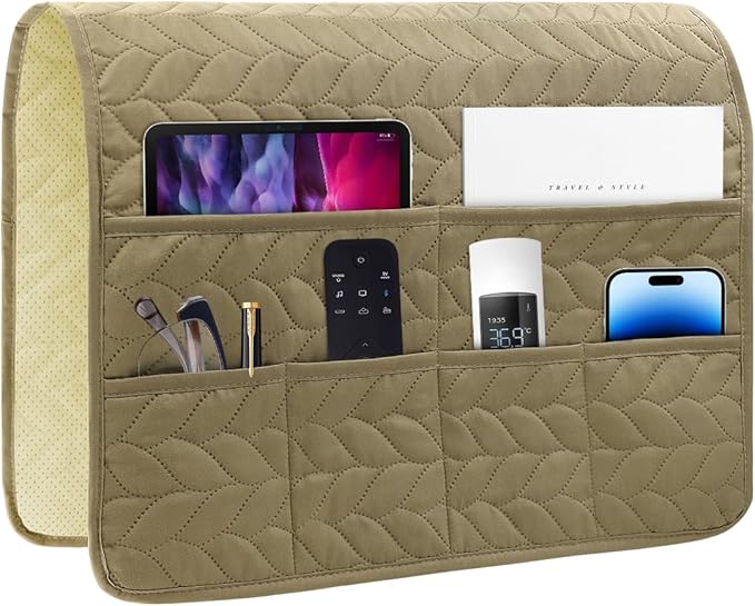 HADEEONG Sofa Armrest Organizer Arm Chair Caddy for Recliner, Remote Control Holder for Recliner, Non-Slip Armchair Caddy with 6 Pockets Storage for Magazine, Tablet, Phone, Dark Khaki