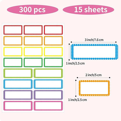 Removable Colored Labels Stickers, Self-Adhesive Rectangular Stickers Star Border Water/Oil/Tear Resistant for Storage/Classroom/Home (2 Size, 300 Labels)