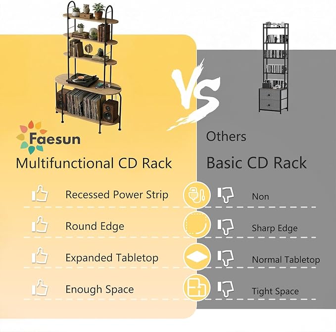 5-Tier CD Storage Rack, Record Player Stand with Storage, DVD Organizer Shelf with Adjustable Book Stoppers, Media Storage Rack for CD/DVD, Books, Games, for Living Room, Bedroom, Home Office, Natural