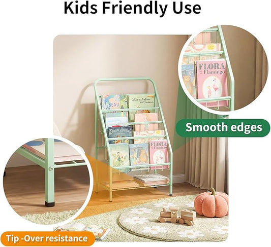 JAQ Green Kids Bookshelf, 4-Tier Metal Book Display Rack for Small Space, Child-Safe Forward Facing Toddler Bookshelf for Classroom, Nursery & Playroom, Easy-to-Clean Sling Design (28.35" Height)