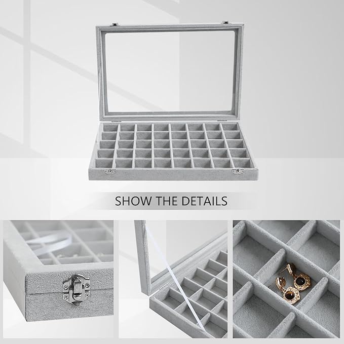 Wudygirl Jewelry Organizer Velvet Jewelry Box 40 Grid Earring Holder Organizer with Lid Ring Holder Ring Display Case Adjustable (Gray)