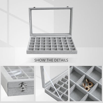 Wudygirl Jewelry Organizer Velvet Jewelry Box 40 Grid Earring Holder Organizer with Lid Ring Holder Ring Display Case Adjustable (Gray)
