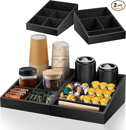 Coffee Station Organizer Coffee Condiment Service Tray with 9 Compartment for Counter, Wood Coffee Bar Supplies Organizer for Home Office Breakroom Two-in-One Black
