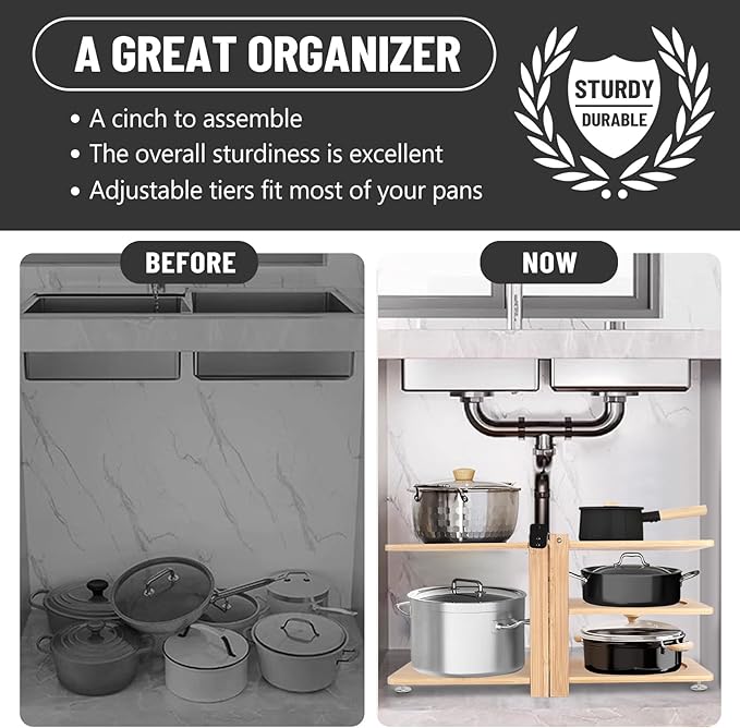 Meecoo Spring 6 Tier Pot Organizer Collapsible with 3 DIY Methods, Adjustable Pots and Pans Organizer Under Cabinet, Heavy Duty Pot Rack Inside Cabinet, Pot Holders Rack for Kitchen