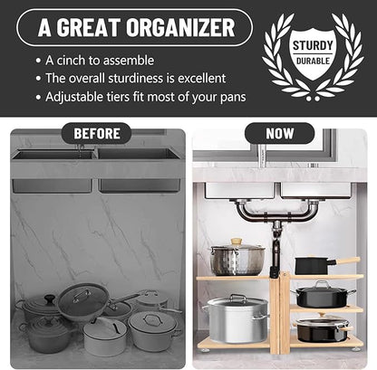 Meecoo Spring 6 Tier Pot Organizer Collapsible with 3 DIY Methods, Adjustable Pots and Pans Organizer Under Cabinet, Heavy Duty Pot Rack Inside Cabinet, Pot Holders Rack for Kitchen