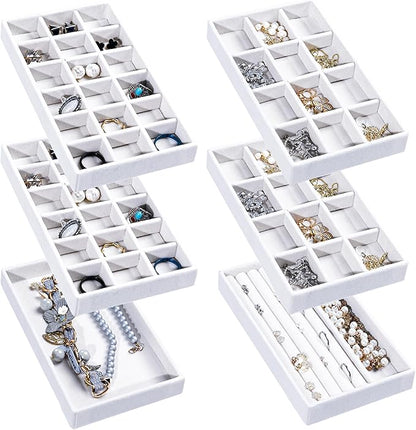 Frebeauty Jewelry Organizer Tray,Stackable Velvet Jewelry Trays,Drawer Inserts Earring Organizer For Women Jewelry Storage Display Case for Rings Stud Necklaces,Set of 6(White)