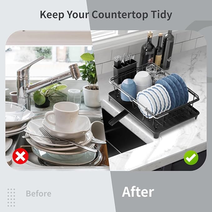 Expandable Dish Drying Rack, Carbon Steel Dish Rack with Drain Board and Utensil Holder, Extendable 14.2-20.7 in Drainer with Swivel Spout for Kitchen Counter