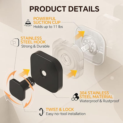 XCIXCI 2Pack Suction Cup Hooks for Shower, Bathroom, Kitchen, Glass Door, Mirror, Tile, Matte Black