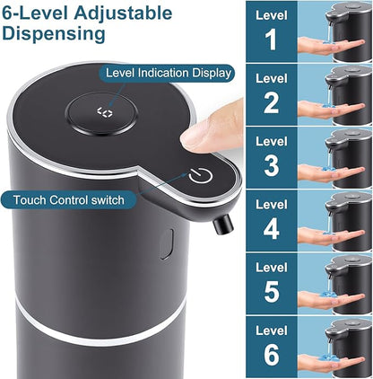 Automatic Soap Dispenser, Hand Soap Dispenser 12.8oz/380ml Smart Rechargeable, Black Soap Dispensers with 6-Level Touchless, Wall Mounted or Countertop Dish Soap Dispensing for Bathroom & Kitchen