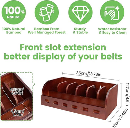 Large Adjustable Bamboo Belt Organizer Box, 6 Grids Belt Rack, Belt Organizer for Closet Shelf and Drawer, Tie and Belt Storage Organizer Wall Mount and Displayer for Men Women Father Day (Brown)