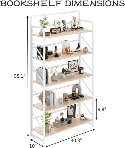 JSB Folding Bookshelf,Industrial Storage Shelves, No Assembly Vintage Wood Look Bookshelf with Storage Shelves for Living Room, Bedroom, Office (White, Wide 5-Tier)
