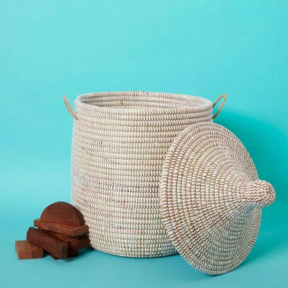 Small Storage Basket, Organizing, Storage, Wicker, Woven, With Lid, Handles, 12" Wide, 14" Tall (White)