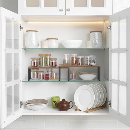 NEX Cabinet Organizer Shelf, Set of 2 Kitchen Counter Shelves, Spice Rack, Stackable Kitchen Shelves Organizer, Pantry Cupboard Dish Mug Cup Storage Shelf, Black and Brown