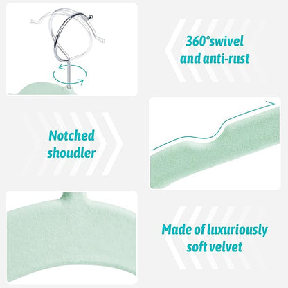 SIshynio 30 Pack Velvet Hangers – Non-Slip Slim Clothes Hangers with 360° Swivel Hook, Space-Saving Flocked Shirt Hangers for Coats, Dresses, Blouses, Suits(Green)
