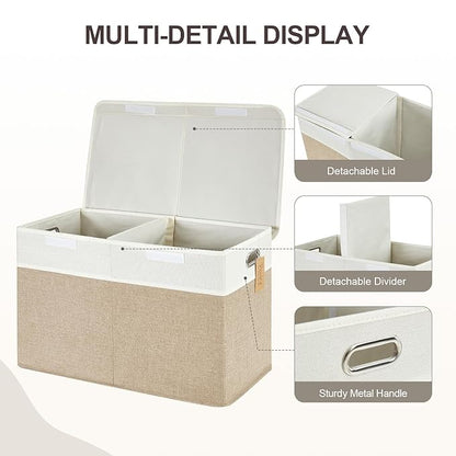 Large Toy Storage Box with Lid, Collapsible Toys Storage Organizer Bins with Dividers and Handles, Storage Chest Bin for Kids, Boys, Girls, Nursery 25"x13" x16" (Beige & White)