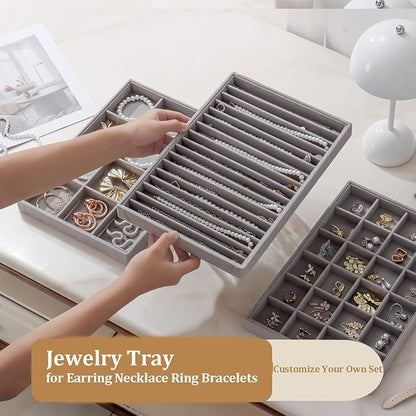 KATISYIO Large Jewelry Drawer Organizer Trays Set of 4, Stackable Velvet Jewelry Trays Organizer Holder Display Storage Showcase for Earring Necklace Bracelet Ring Accessary (Gray, 12+17+24+48 Grids)