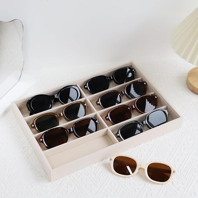 Stratalife Sunglasses Organizer Velvet Sunglass Organizer Tray Drawer Jewelry Storage Tray Bracelet Watch Display Case for Men Women Beige (8 Grids)
