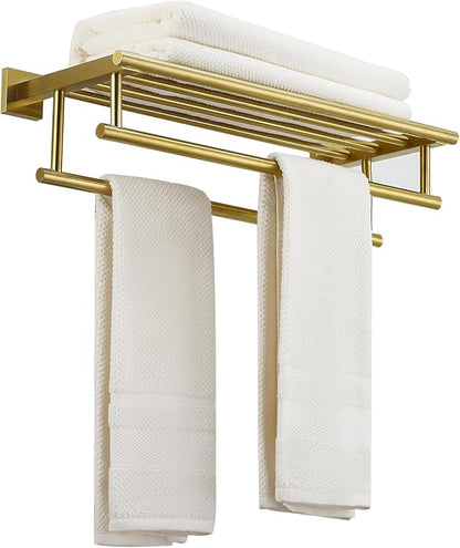 Towel Rack for Bathroom 20 Inch Wall Mounted Towel Rack Brushed Gold Towel Shelf with Double Towel Bar SUS304 Stainless Steel Towel Holder for Bathroom Wall Hotel Towel Rail