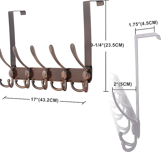 Dseap Over The Door Hook Hanger - Fits 1 3/8" to 1 3/4" Standard Doors | 5 Tri Hooks Heavy Duty Towel/Coat Rack | Door Organizer for Clothes, Jackets, Hats, Towels, Antique Copper, Pack of 2