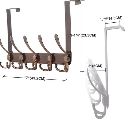 Dseap Over The Door Hook Hanger - Fits 1 3/8" to 1 3/4" Standard Doors | 5 Tri Hooks Heavy Duty Towel/Coat Rack | Door Organizer for Clothes, Jackets, Hats, Towels, Antique Copper, Pack of 2