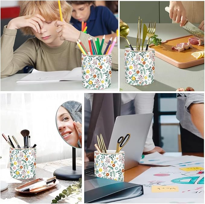 WAVEYU Desk Pen and Pencil Holder, Ceramic Multifunctional Organizer for Home, Office, and School, Green Floral Pattern