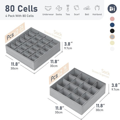 Joyoldelf Sock Drawer Organizer Divider 4 Packs Underwear Organizer, 2 x 24 Cell + 2 x 16 Cell Closet Organizers and Storage Sock Holders for Storing Socks, Handkerchiefs, Ties, Belts (Grey)