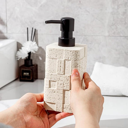 Haocoott Soap Dispensers 400mL 13.5 OZ, 2 PCS Luxurious Hand Dish Lotion Shampoo Soap Dispenser Jar, Travertine Stone Look Soap Pump Bottles for Kitchen Bathroom Countertop (White)