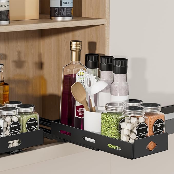 Pull Out Spice Rack Organizer for Cabinet, Heavy Duty Spice Organizer for Cabinet, Vertical Spice Rack for Kitchen, Cabinet, Pantry, Cupboard (4.2''Wx10.5''Dx2.8''H, Metal Black)