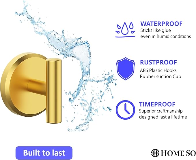 HOME SO Suction Cup Hooks T Shape (2 or 4 Pack) (Brushed Gold, 2, Count)