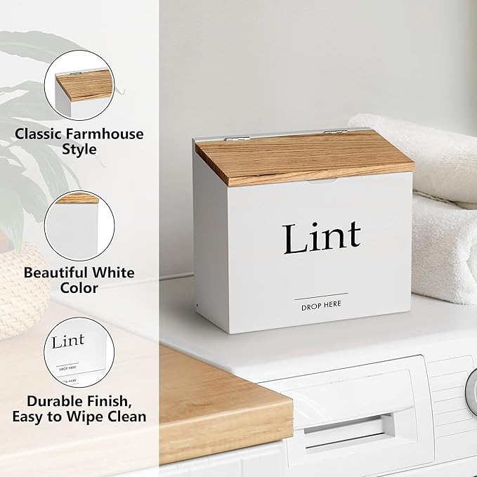 Magnetic Lint Bin for Laundry Room - Compact Size, Wooden Dryer Lint Bin with Lid - Rustic Lint Box, Magnetic Bin - Modern Farmhouse Laundry Room Decor, White with Torched Lid