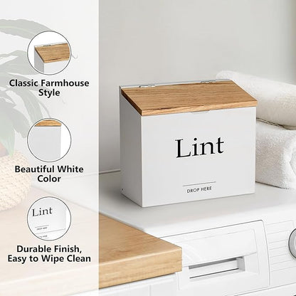 Magnetic Lint Bin for Laundry Room - Compact Size, Wooden Dryer Lint Bin with Lid - Rustic Lint Box, Magnetic Bin - Modern Farmhouse Laundry Room Decor, White with Torched Lid