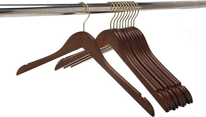 Quality Semi Curved Wooden Suit Hangers, 80-Pack Smooth Finish Solid Wood Coat Hanger with Swivel Hook, Jacket, Pant, Dress Clothes Hangers (Walnut - Gold Hook, 80)