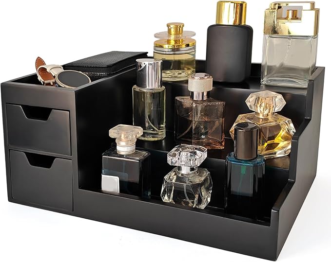 UUyuality Countertop Perfume & Makeup Organizer - Wooden Rack, Cologne Stand Shelves & Skincare Organizer for Bedroom Dresser, Organizador de Perfumes Estante para Perfumes (Black, 01)