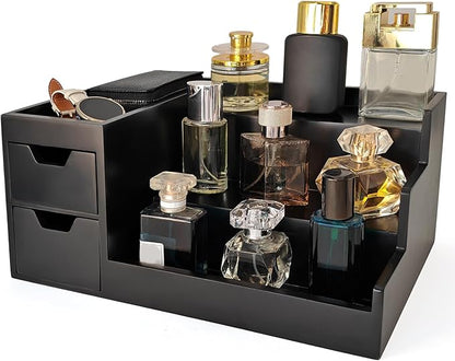 UUyuality Countertop Perfume & Makeup Organizer - Wooden Rack, Cologne Stand Shelves & Skincare Organizer for Bedroom Dresser, Organizador de Perfumes Estante para Perfumes (Black, 01)
