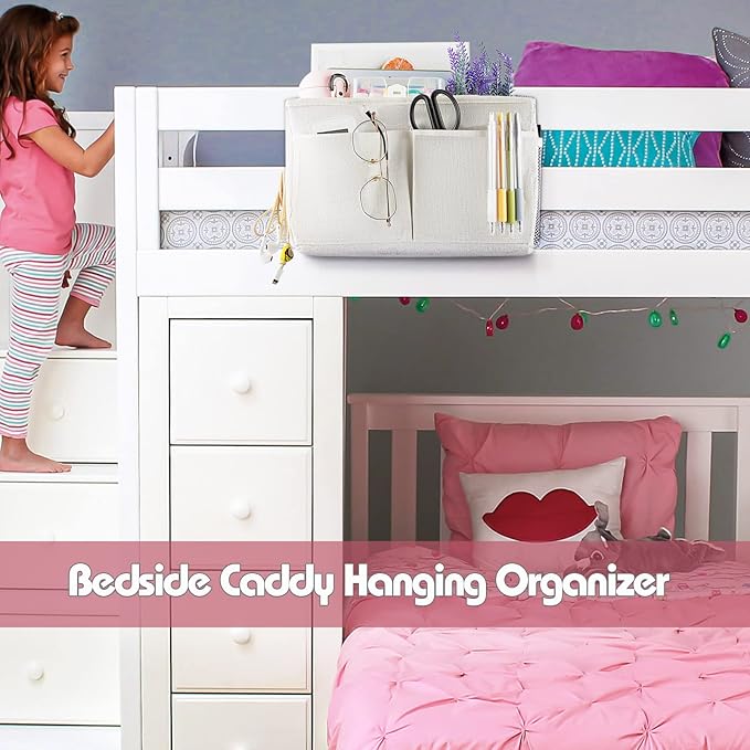 Frjjthchy Bedside Caddy Hanging Storage with Water Bottle Holder for Bunk Bed Hospital Bed Dorm Rooms (White)