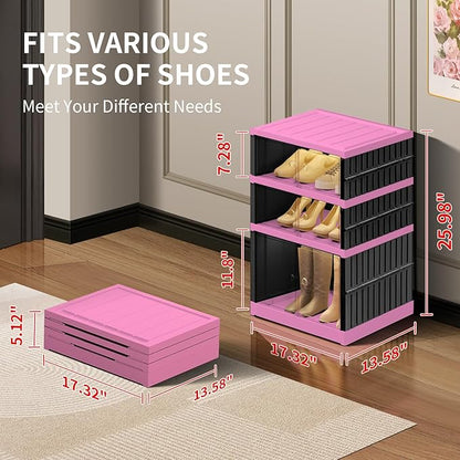 CIMLORD 3-Tier Foldable Shoe Rack Organizer for Closet,6 Pairs Collapsible Plastic Shoe Shelf,Clear Stackable Shoe Storage Boxes with Door Easy Assembly,Shoe Cabinet with Lids Large（Black-Pink）