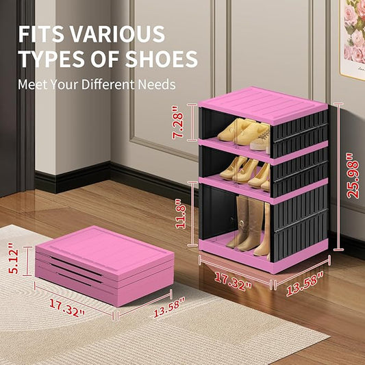 CIMLORD 3-Tier Foldable Shoe Rack Organizer for Closet,6 Pairs Collapsible Plastic Shoe Shelf,Clear Stackable Shoe Storage Boxes with Door Easy Assembly,Shoe Cabinet with Lids Large（Black-Pink）
