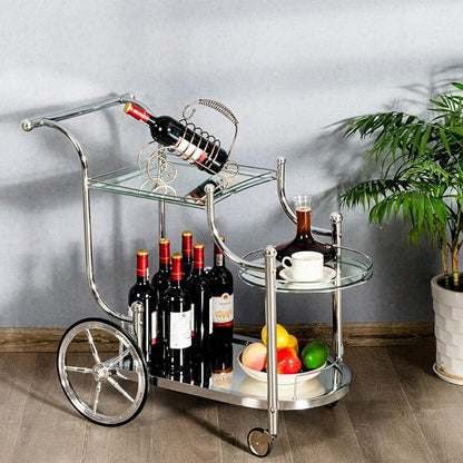 DORTALA Rolling Serving Cart, 3-Tier Metal Bar Cart with Tempered Glass, 4 Wheels Tea Serving Bar Cart for Livingroom, Kitchen, Silver