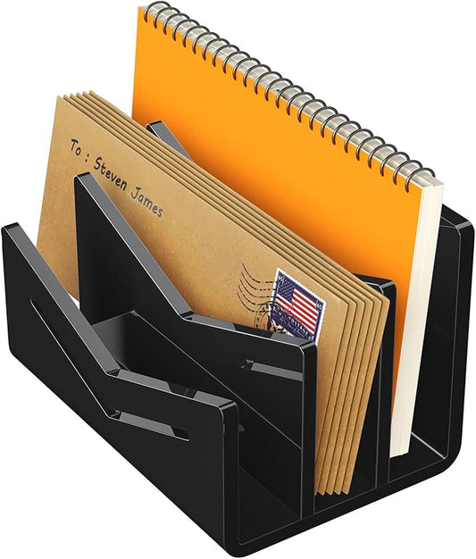 Beego Envelope and Mail Organizer Countertop - 3 Compartments Black Acrylic Desk Organizer Letter Holder Desktop File Sorter Bill Document Folder Rack for Office, Home, School Desk Organization