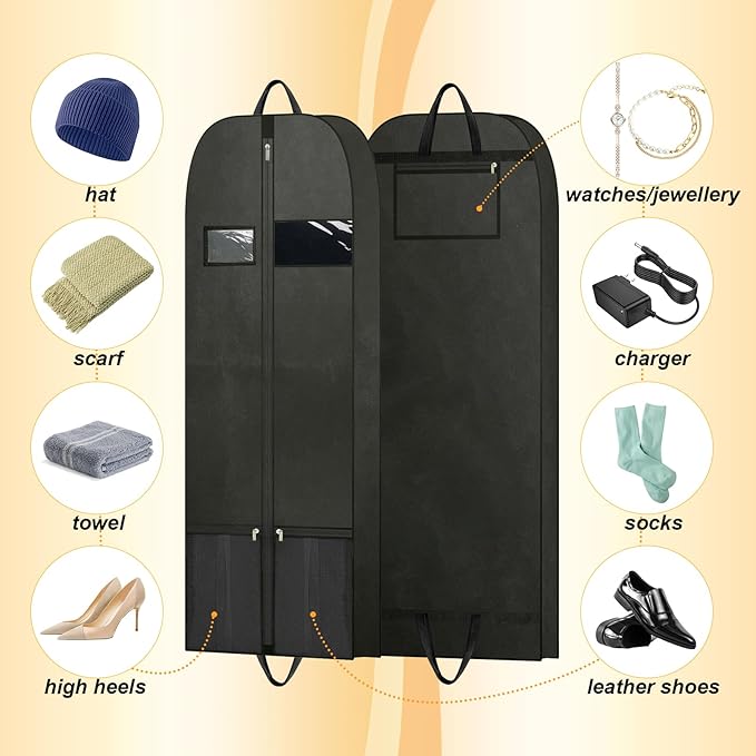 Dress Bags for Gowns 60", Long Garment Bags for Hanging Clothes Travel with Pockets and Zipper, Gusseted Garment Bag for Dress, Shows Dance Costume, Tuxedos, Clothes Protector Suit Cover Bags Black