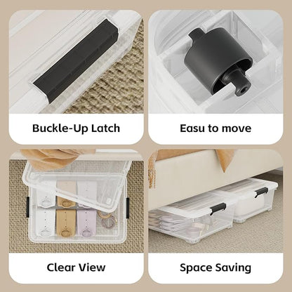 Buyitt 25 Quart Clear Plastic Latch Storage Box with Wheels, Under Bed Storage Box, 3 Pack