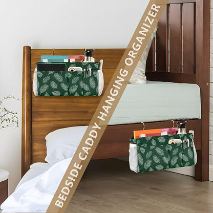 CuwrYet Bedside Caddy Hanging Bunk Bed Caddy Bed Organizer Hanging Pocket with 2 Hooks Bedside Storage Organizer Pocket Bag Holder Green Simple Palm Leaf