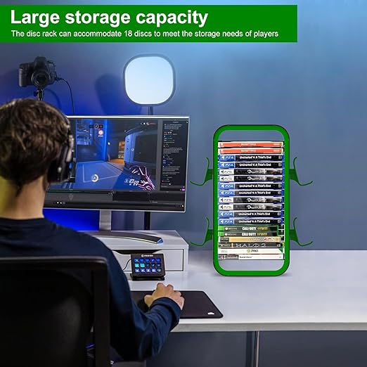 wigmoa Game Storage Tower【15.8INCH】 Compatible with PS5/ Xbox Series S & X/Switch, Universal Video Games Discs Organizers 18 PCS with 4 Controllers Holder, Game Disk Rack Shelf. OYO-1. (Black/Green)