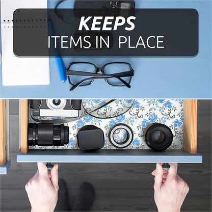 FIFTY FEET 12X120 Inch Shelf Liner for Kitchen Cabinets, PVC Drawer Liner for Dresser Non-Slip Bathroom, Non-Adhesive Cabinet Liner Washable (Blue Floral)(7 Roll)